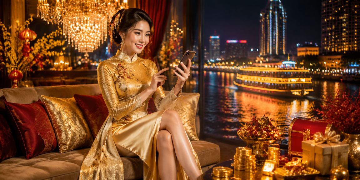 Phụ nữ mặc áo dài truyền thống sử dụng điện thoại tham gia casino trực tuyến vùng Mekong