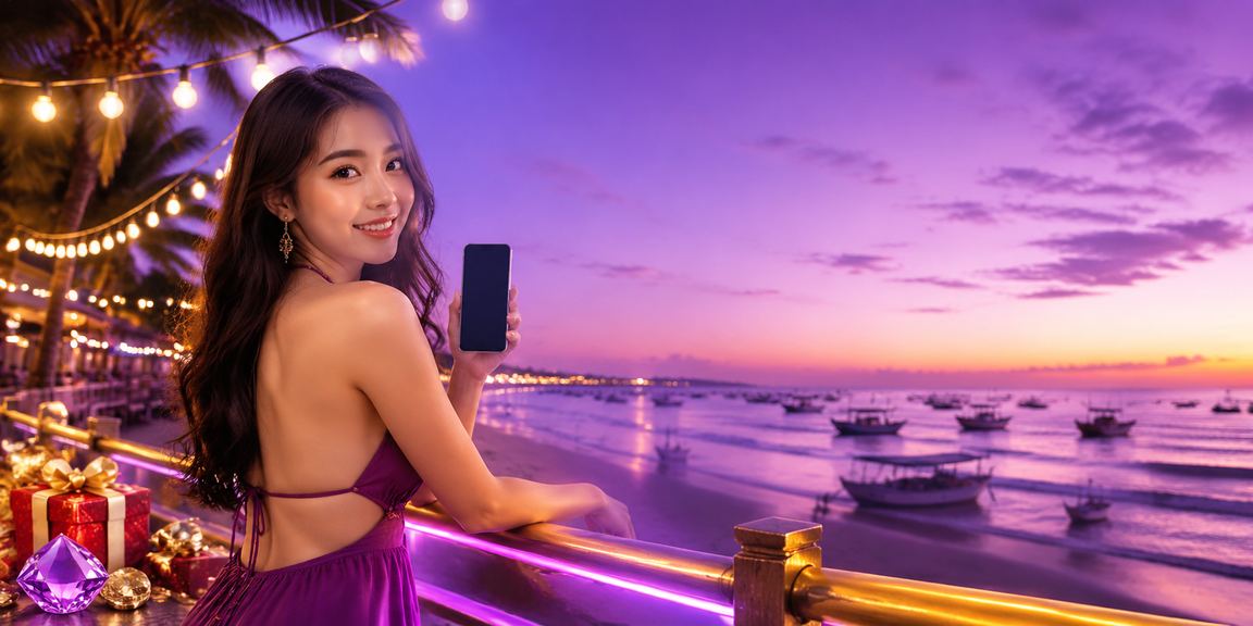 Người chơi xem thông tin hoàn tiền và giải thưởng trên bãi biển Mũi Né buổi chiều