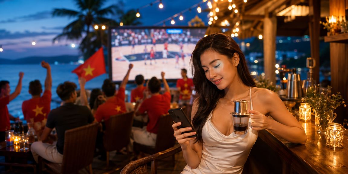 Người dùng tại Phú Quốc nhâm nhi cà phê và theo dõi cá cược bóng rổ trên điện thoại